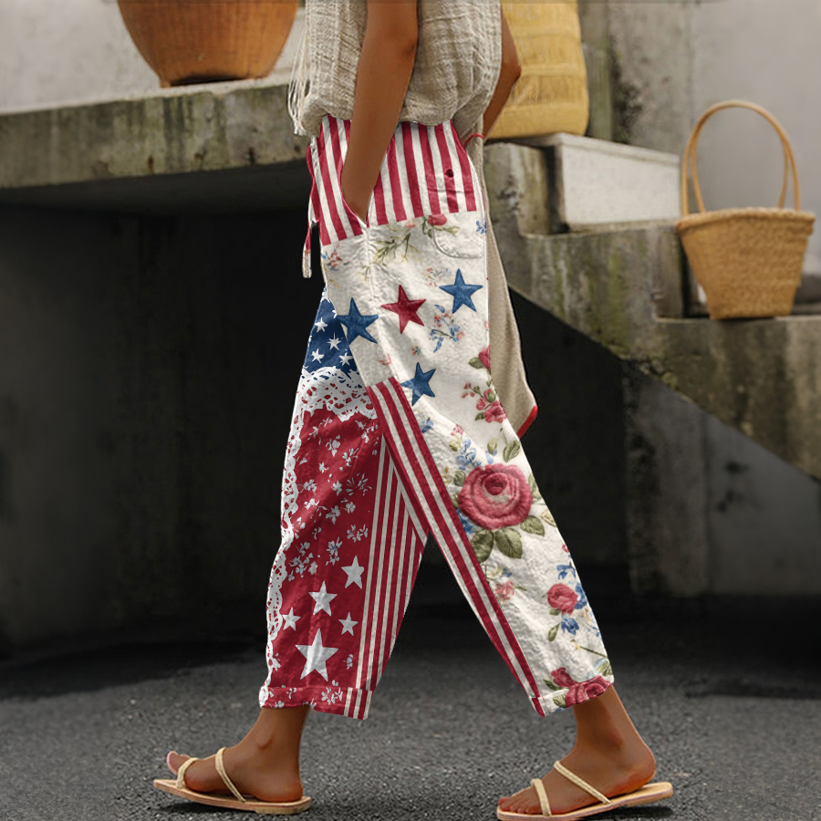 Women'S American Flag Independence Day Celebration Printed Cotton And Hemp Casual Pants