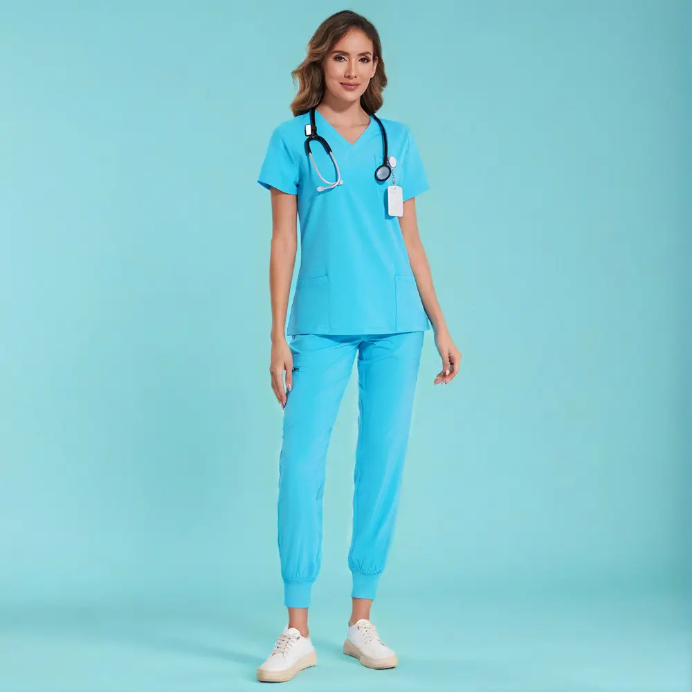 Women's Set — Stretch V-Neck Scrub Top and Jogger-Style Scrub Pants (8 Pockets)