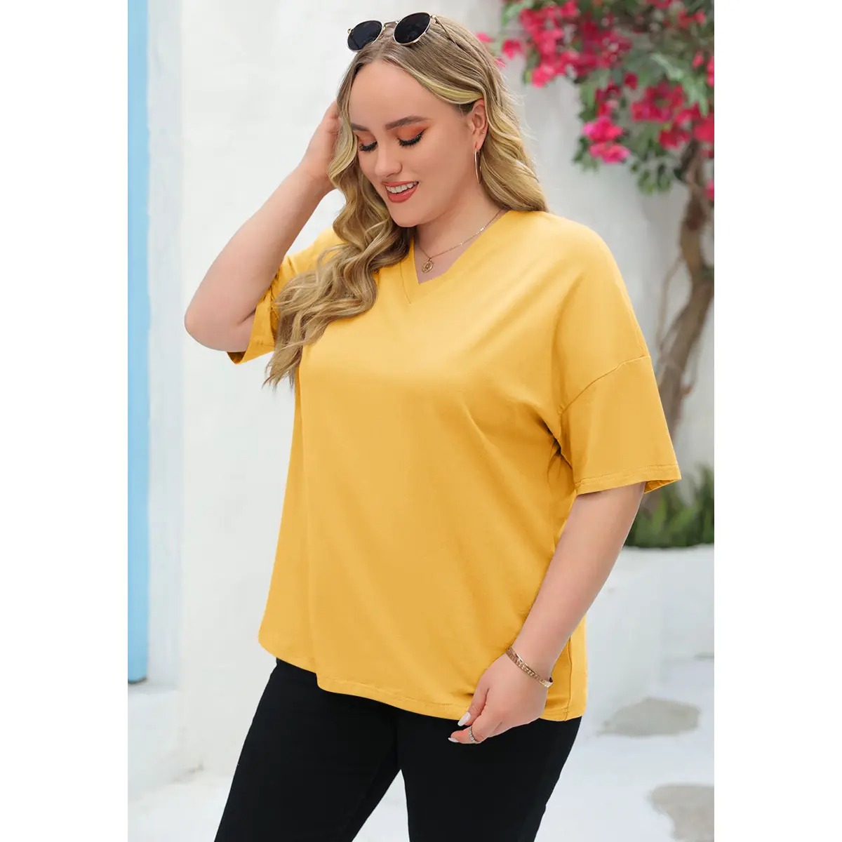 Women's V-Neck Short Sleeve Tunic Top Casual Loose Fit Soft Cotton Summer Tee