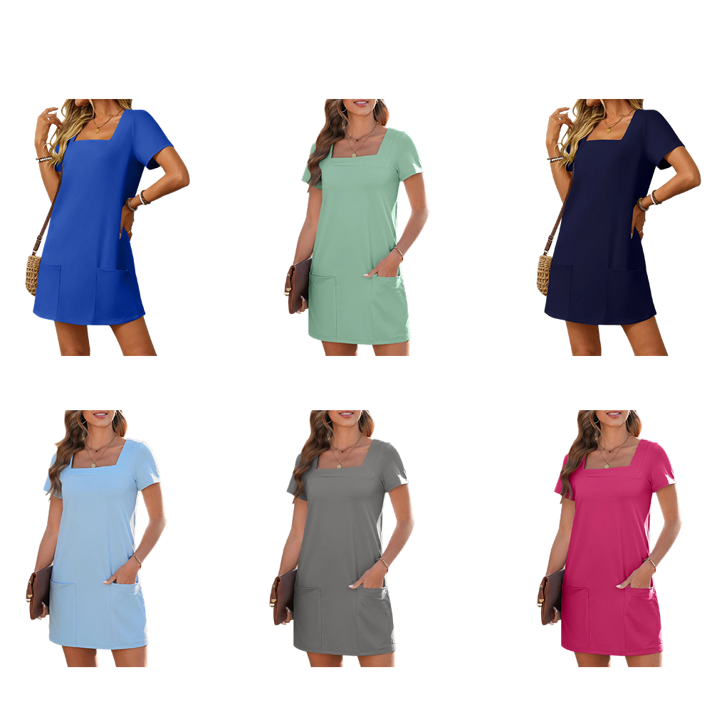 Women's Solid Color Casual Align Dress Square Neck Short Sleeve Comfort Basic Mini Dresses with Pockets 2026 Womenswear Minimalist Springtok Summer Outfits Summervibes