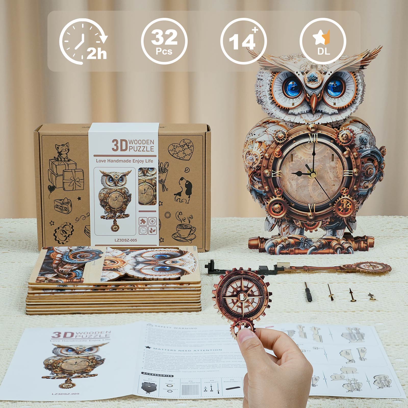 Mechanical Owl – DIY Wooden Clock , 3D Puzzle Craft Kit