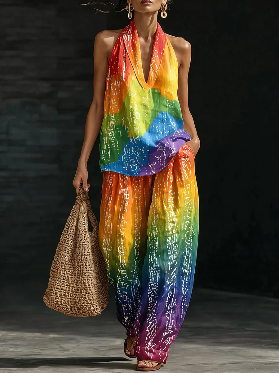 Women’s Rainbow Gradient Color Creative Print Two-Piece Set