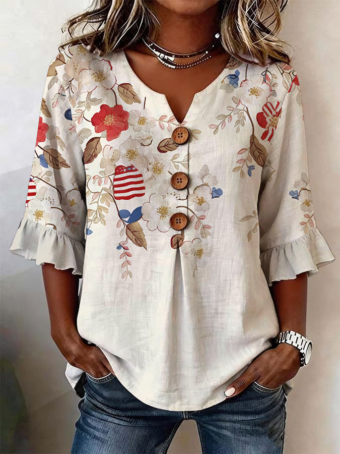 Women'S Casual Small V-Neck Floral Print Top