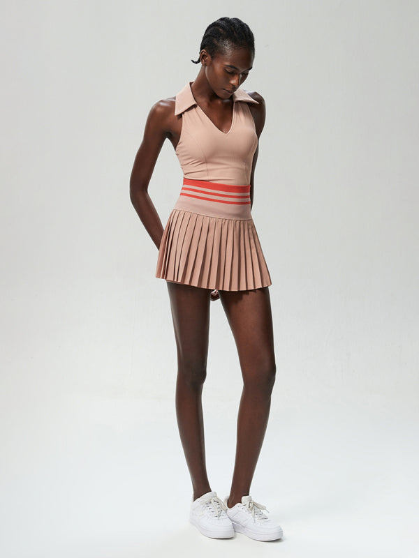 Sports Fitness Tennis Skirt Suit Women's Anti-Light Quick Drying V-Neck Yoga Suit Two-Piece Suit With Chest Pad