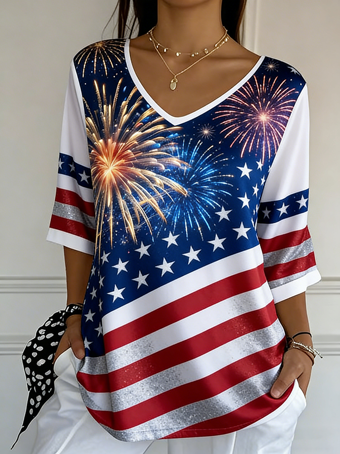 Ladies' Casual American Flag Print V-Neck Half Sleeved T-Shirt