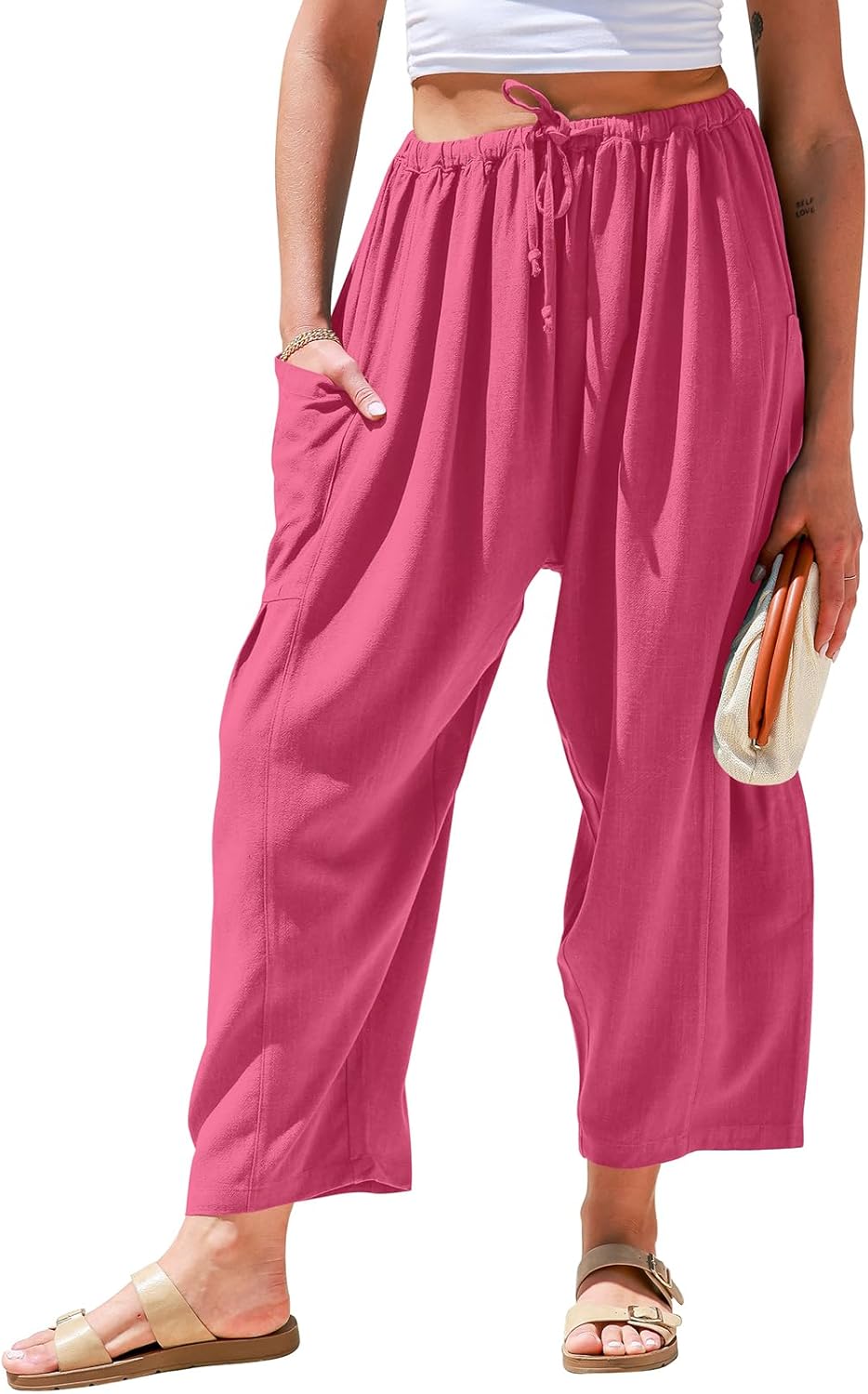 Womens Linen Wide Leg Pants Casual Loose Drawstring Summer Beach Travel Vacation Palazzo Harem Pants with Pockets