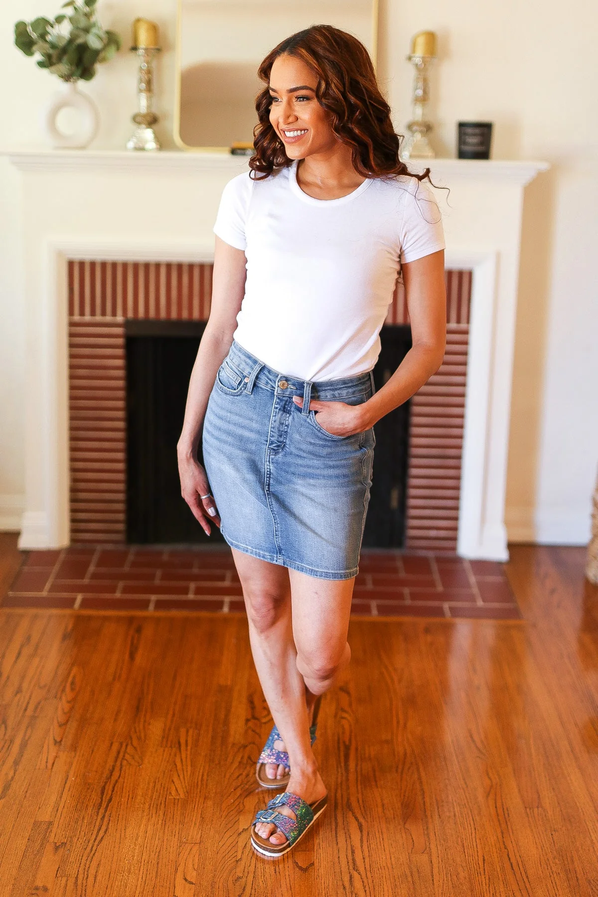 Medium Wash High Rise Tummy Control Denim Skirt