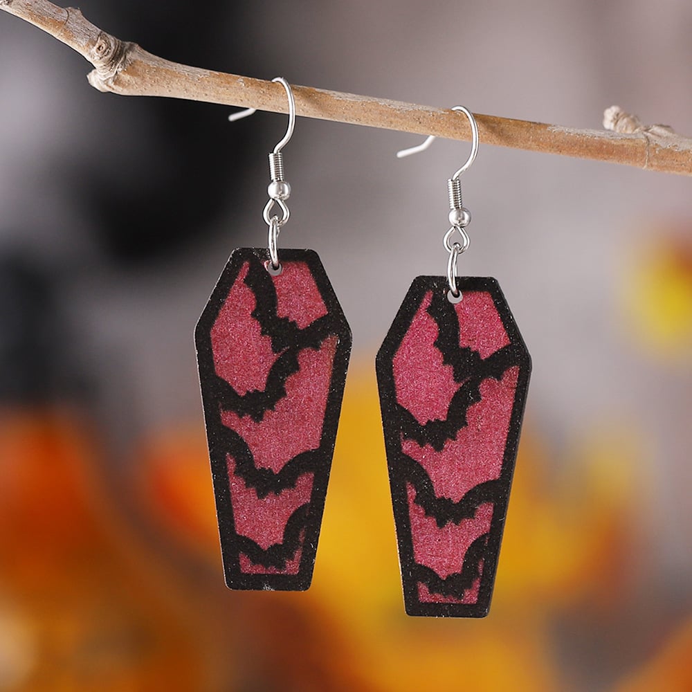 Women's Halloween Coffin Bats Wood Earrings