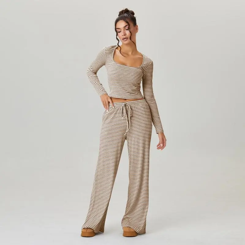 Women's Stripe Square Neck Long Sleeve Crop Top & Wide Leg Trousers Set