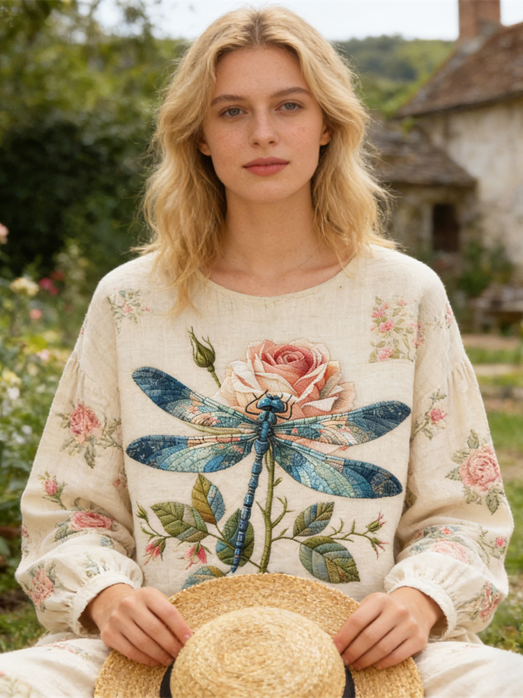 Boho Dragonfly & Floral Vintage Pattern Women's Linen Long Sleeve Shirt