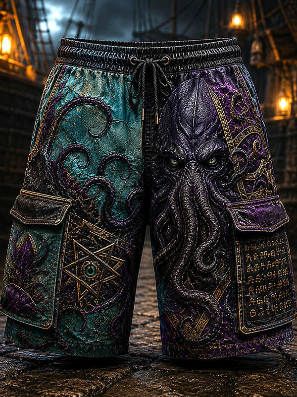 Men's Dark Mysterious Cthulhu Print Drawstring Cargo Shorts