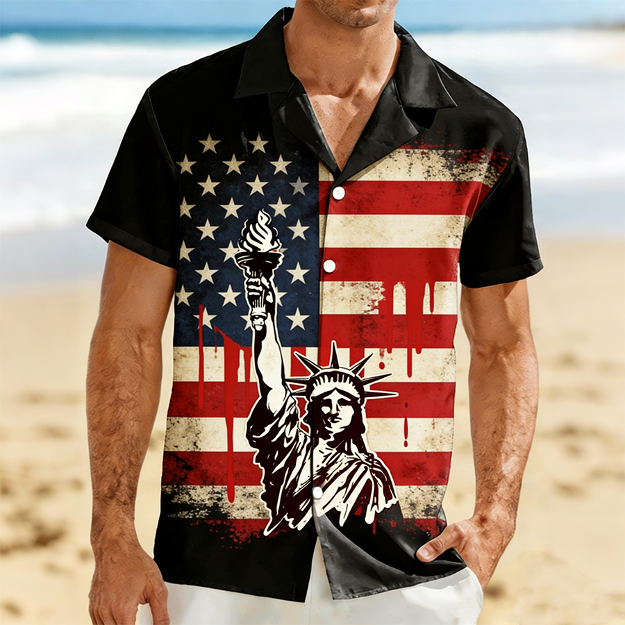 Men's Distressed American Flag Statue of Liberty Beach Shirt