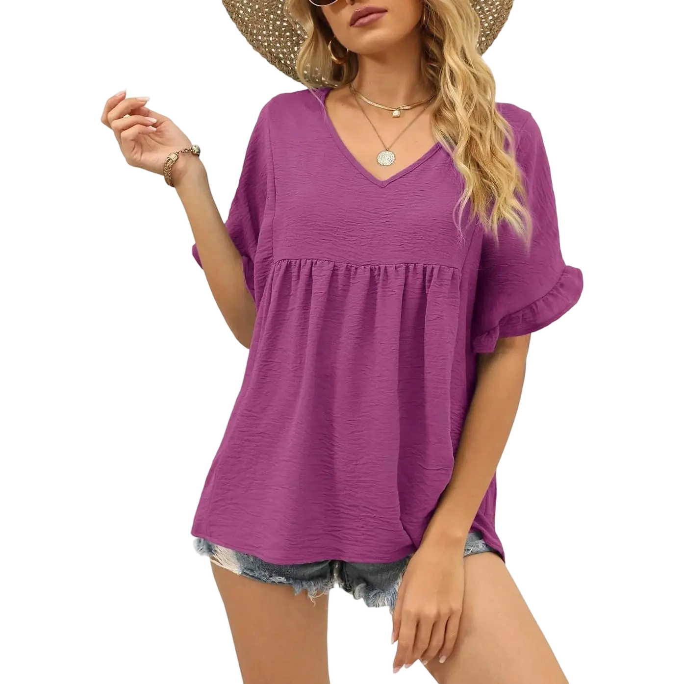 Womens Tops Casual V Neck Ruffle Sleeve T Shirts Babydoll Loose Fit Peplum Tops