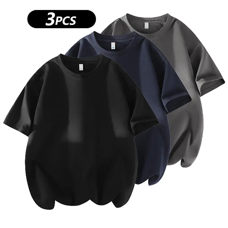 Men's 3PCS 100% cotton Crew Neck T-Shirts Set - Soft Loose Fit Navy Gray Black Tees for Casual Daily Wear