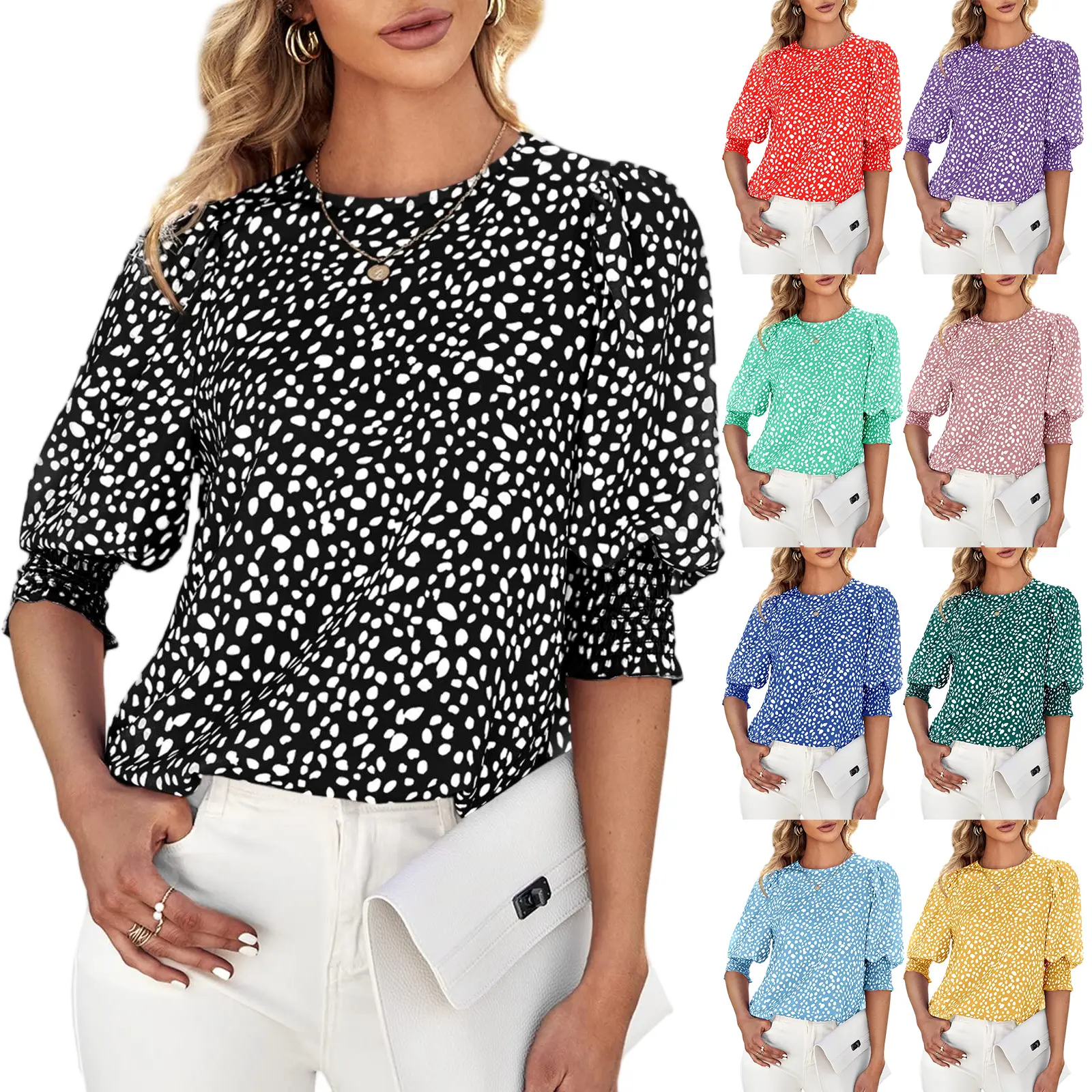 Women's Polka Dot 3/4 Sleeve Blouse Tops Ladies Casual Office Work Crew Neck T-Shirt