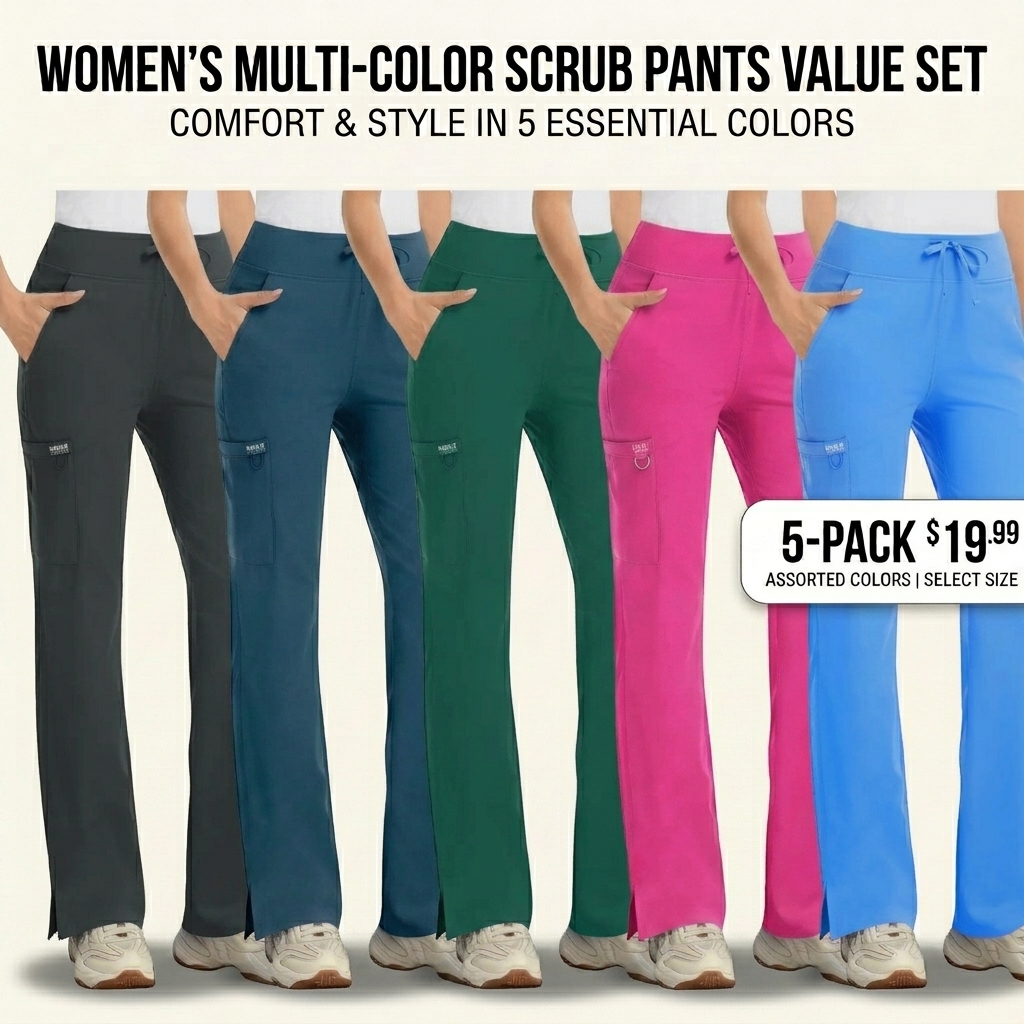 Women's Stretch Scrub Set - V-Neck Top & High Rise Yoga Waist Pants with Pockets