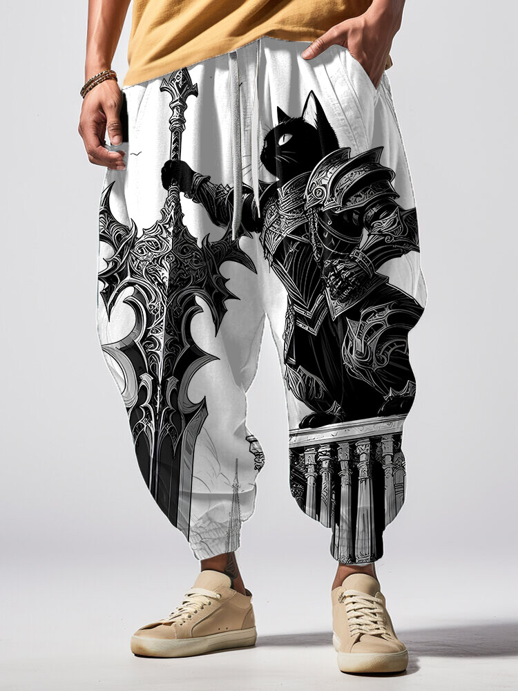 Men's Retro Cat Warrior Art Print Loose Drawstring Waist Sweatpants