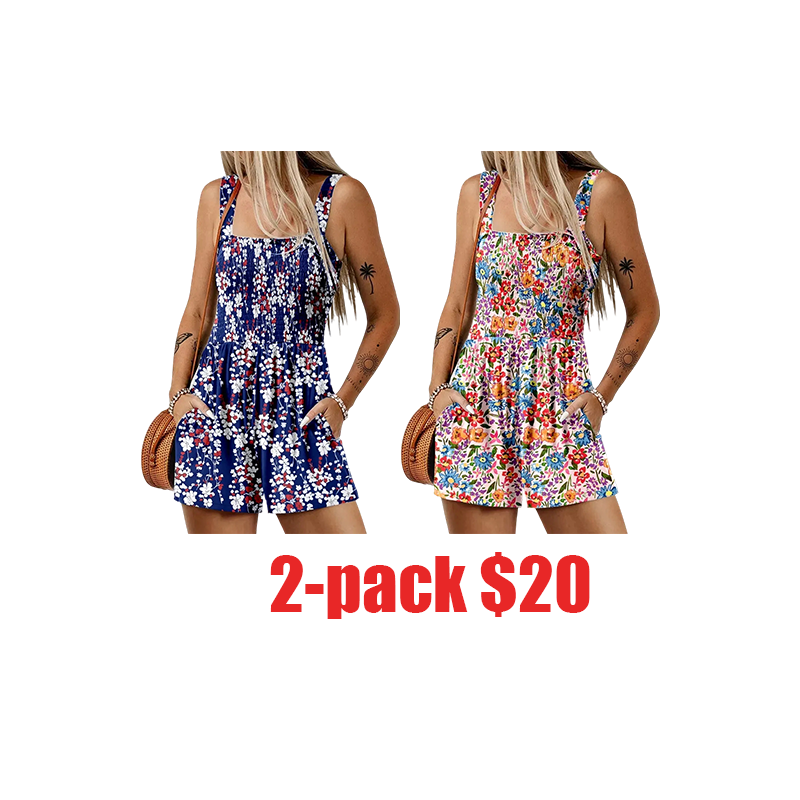 Women's Casual Loose Short Overalls – Sleeveless One Piece Jumpsuit with Pockets Floral Print Summer Outfit