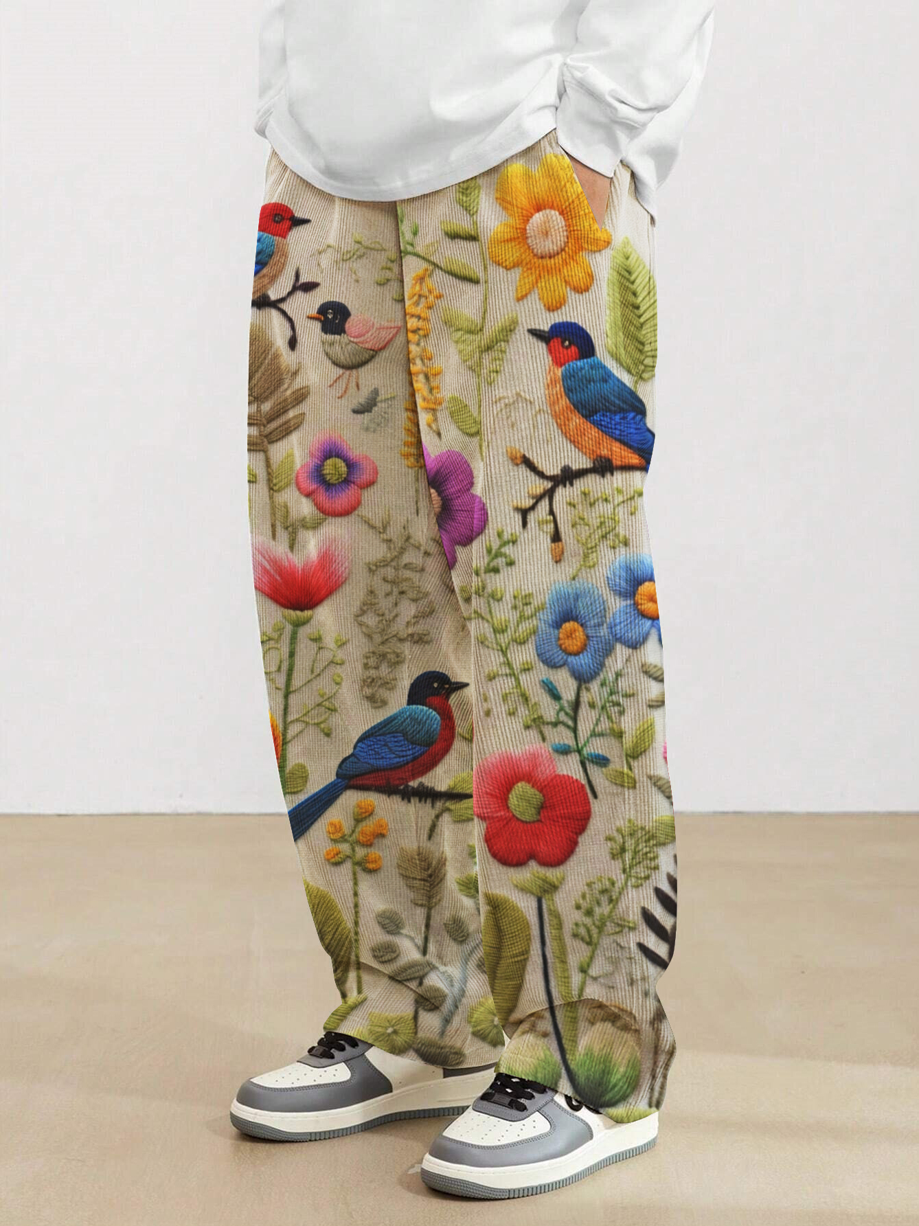 Men's Floral Bird Graphic Print Loose Drawstring Waist Sweatpants