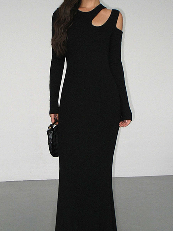 Hollow Solid Color Long Sleeves Skinny Cold Shoulder Maxi Dresses