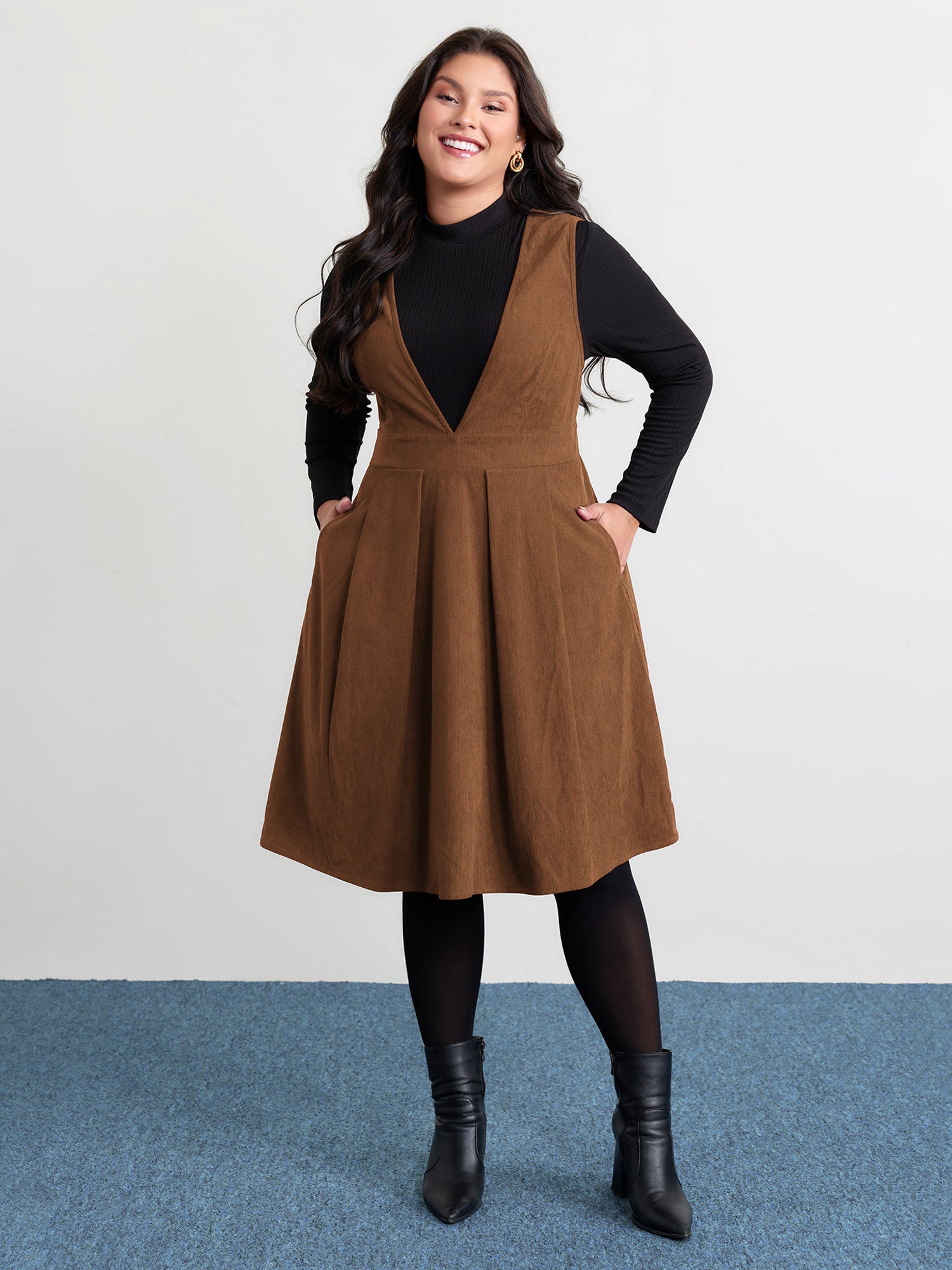 Corduroy Stretchy Waist V-Neck Mini Dress