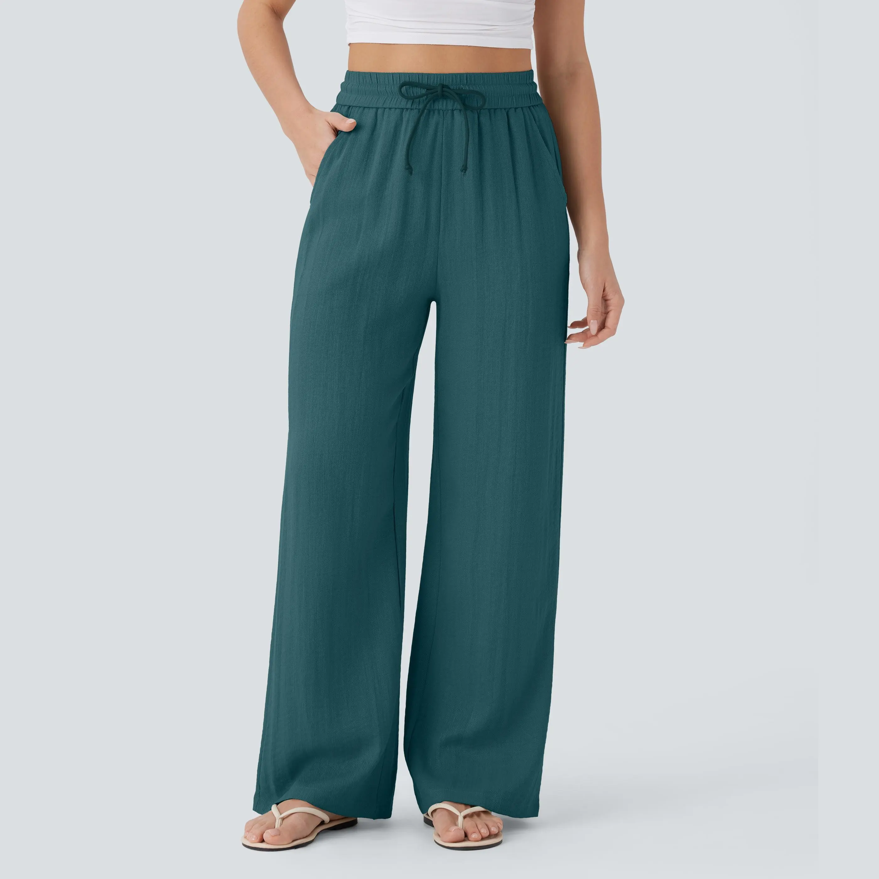 [Creator's Pick] High-Waisted, Drawstring, Pocketed, Wide-Leg Casual Trousers (Faux Linen)