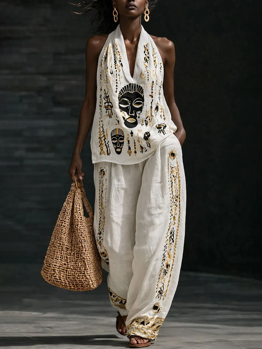 Women’s Tribal Mask Pattern Creative Print Two-Piece Set