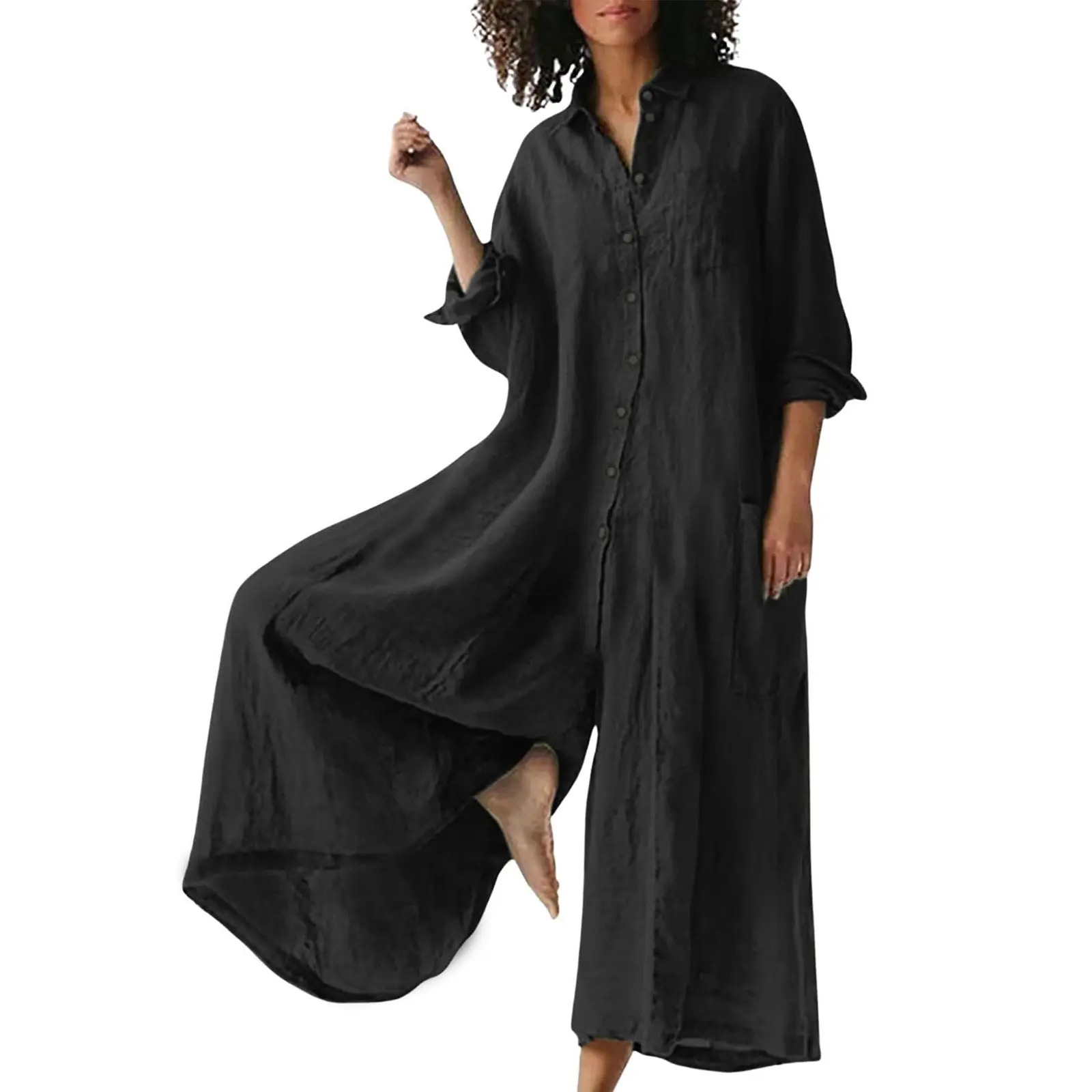 Women's Linen Long-Sleeve Button-Front Wide-Leg Jumpsuit