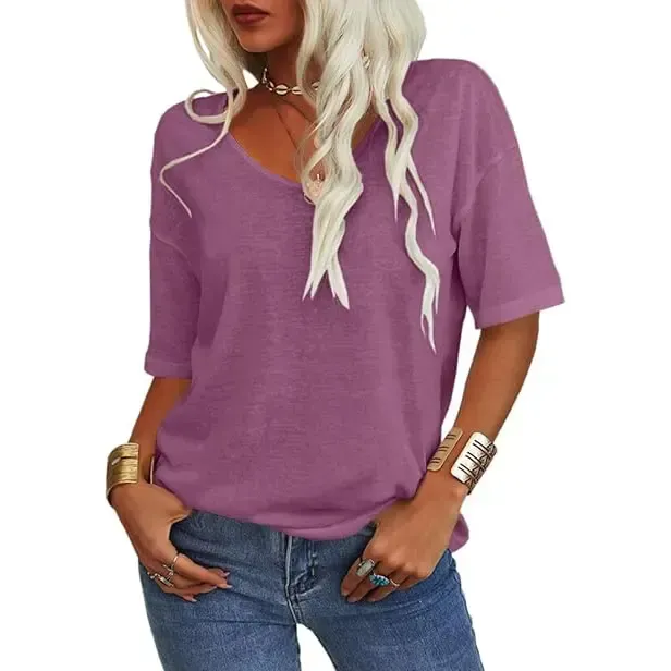 Women Soft V Neck Tshirt Half Sleeve Lightweight Solid Color Loose Fit Minimalist Top