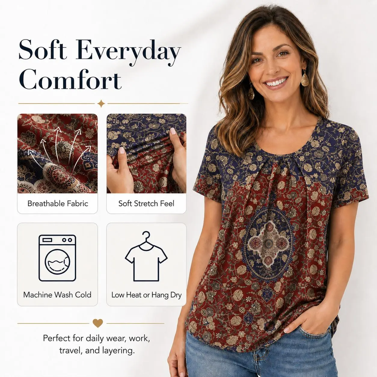 Women T Shirts Pleated Short Sleeve Tops Business Casual Dressy Blouses Crewneck Boho