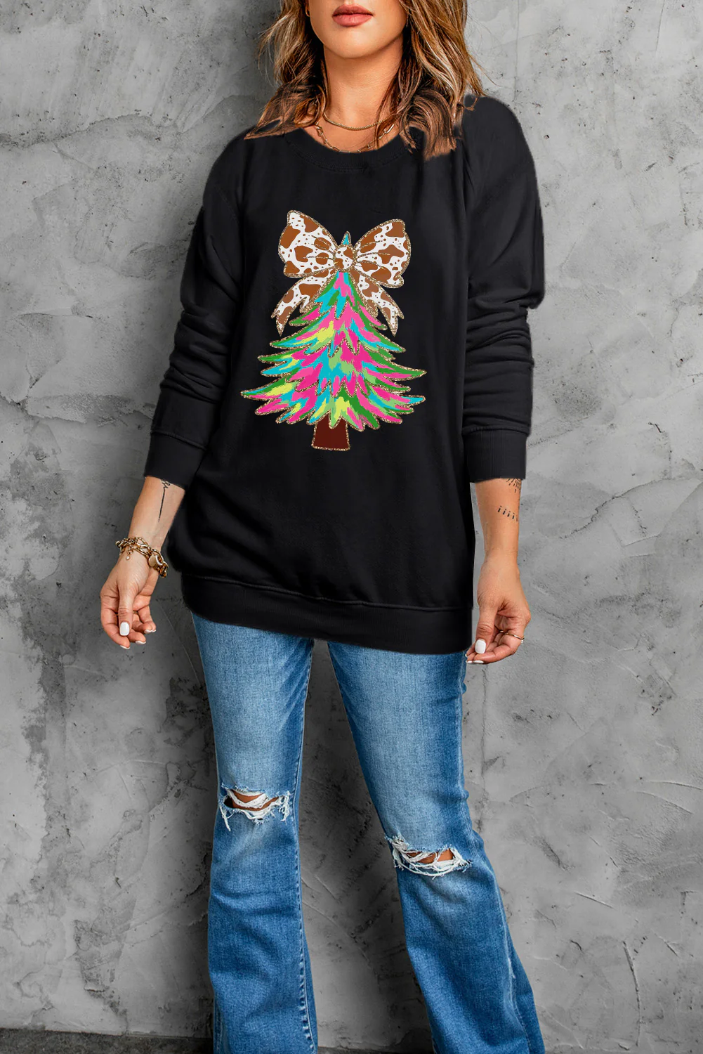 Bowknot Christmas Tree Shiny Graphic Sweatshirt