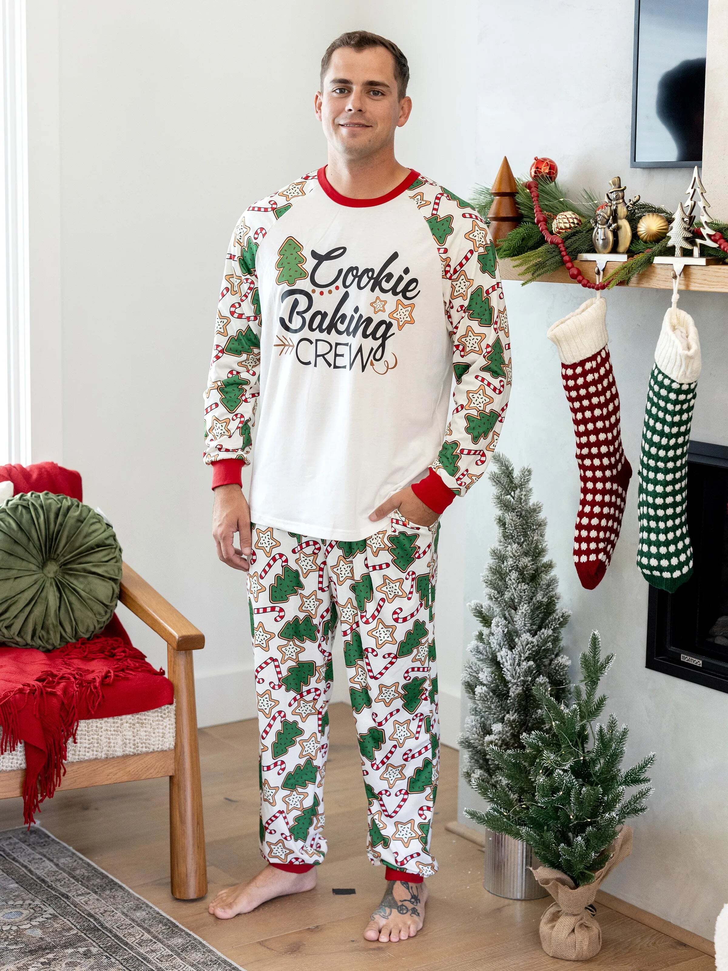 Christmas Matching Family Pajamas Set Christmas Tree Print Red and Apricot PJS with Christmas Socks Apricot