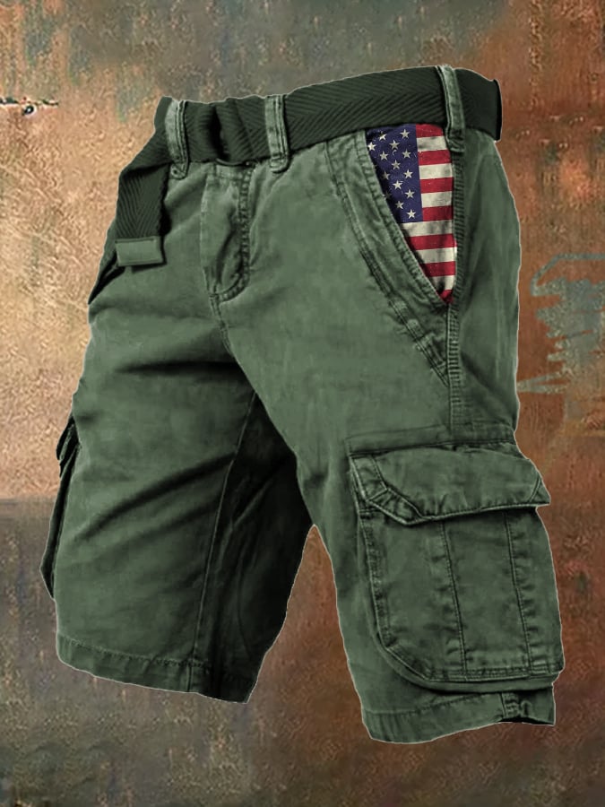 Men's Vintage Flag Independence Day Multi-Pocket Print Cargo Shorts (Belt Not Included)
