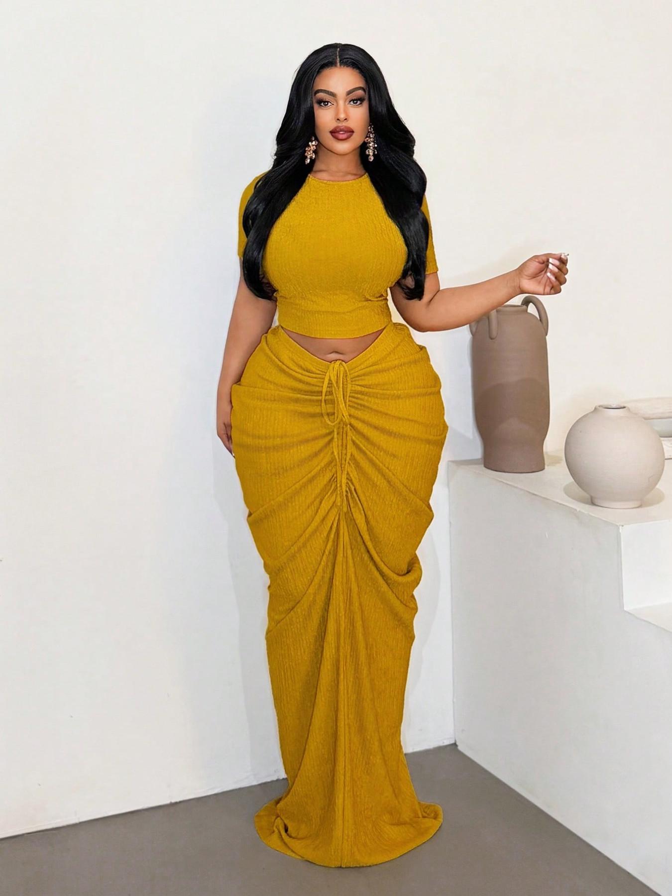 Plus Size Two-Piece Women's Set, Ribbed Short Top & Drawstring Pleated Skirt, Sexy Slim Fit Evening Party Dress