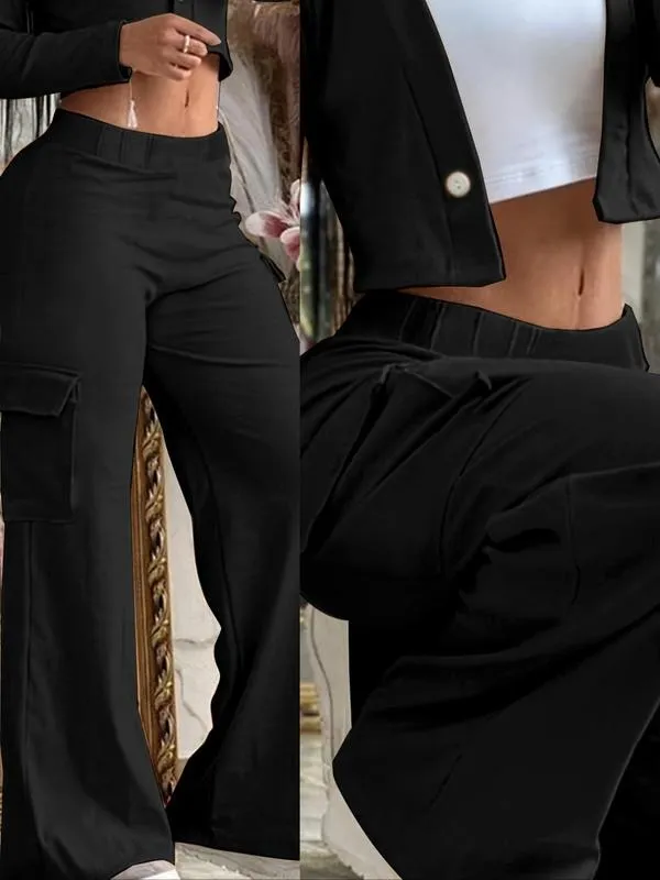 Women's Solid Color Flap Pocket Pants