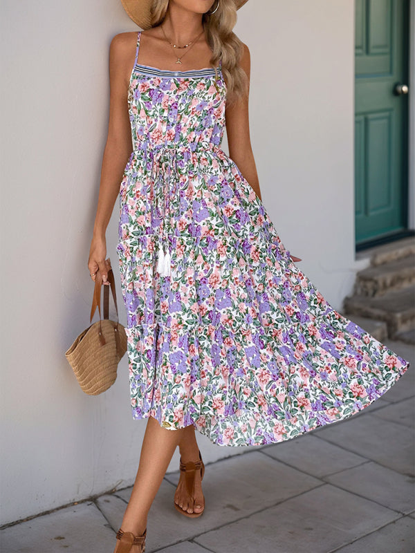 New Style Suspender Skirt Pleated Printed Ruffle Dress