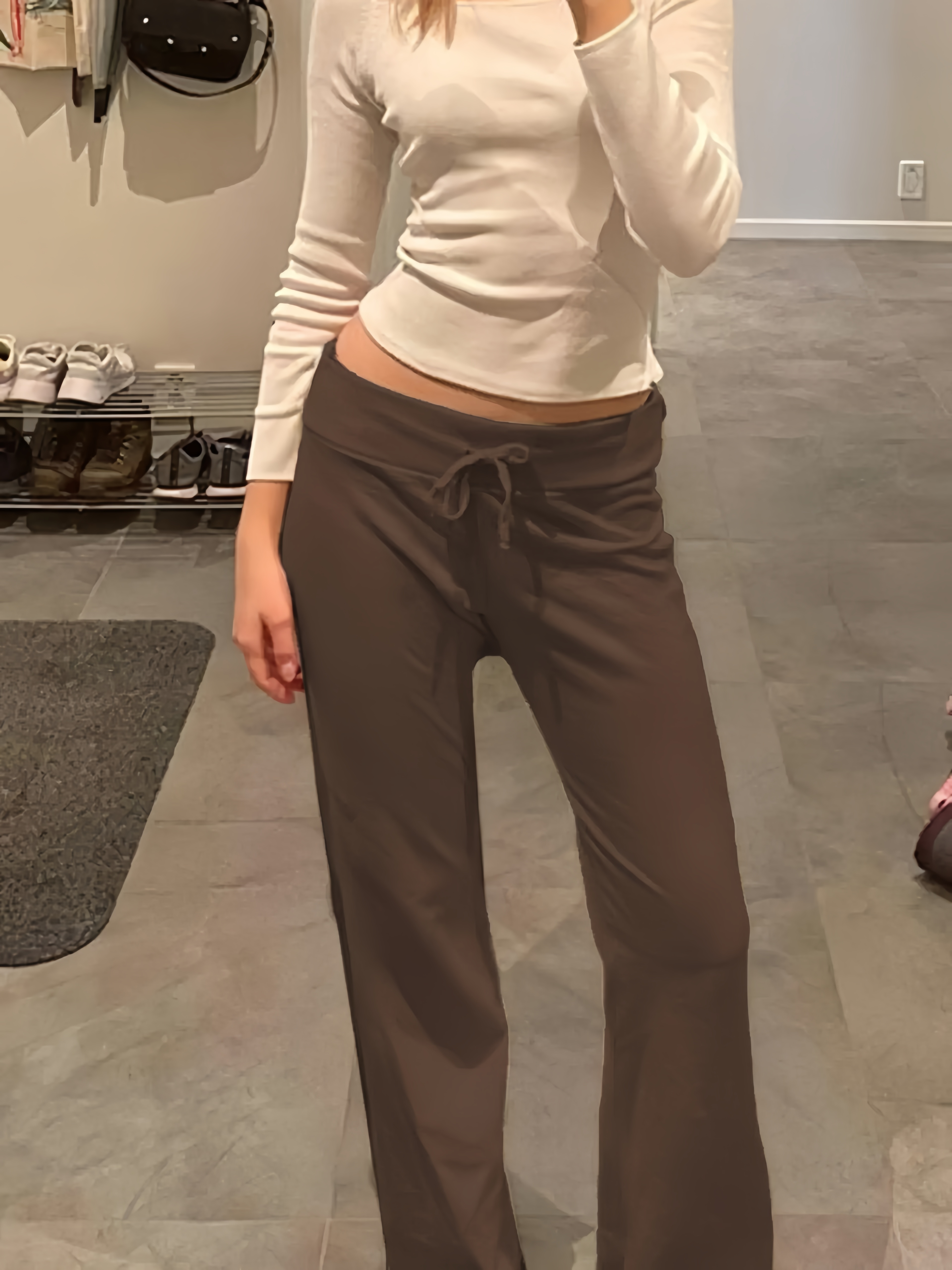 Women's Solid Adjustable Drawstring Foldover Waist Straight Leg Fitted Pants