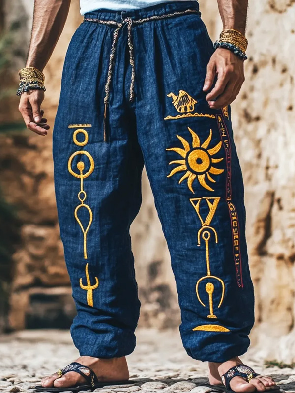 Men's Boho Egyptian Symbol Sun-God Print Casual Pants
