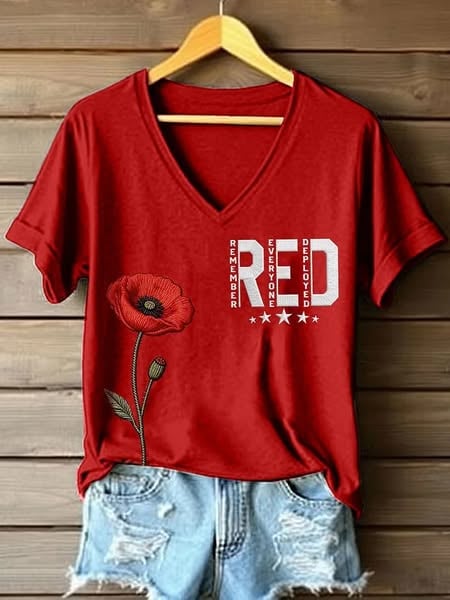 Women's Red Friday Casual Patriotic V-neck T-shirt