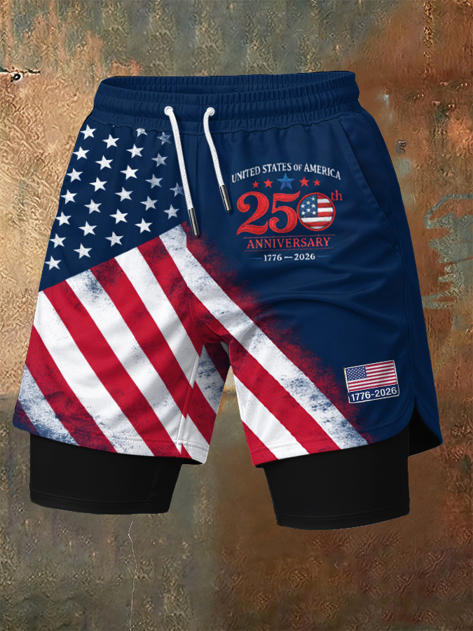Men'S Independence Day Founding Celebration Printed Pattern Slim Fit Double Layer Sports Elastic Belt Quick Drying Breathable Shorts