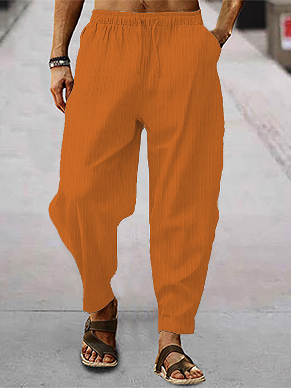 Men's Casual Plain Textured Slant Pocket Elastic Drawstring Waist Cotton Linen Pants