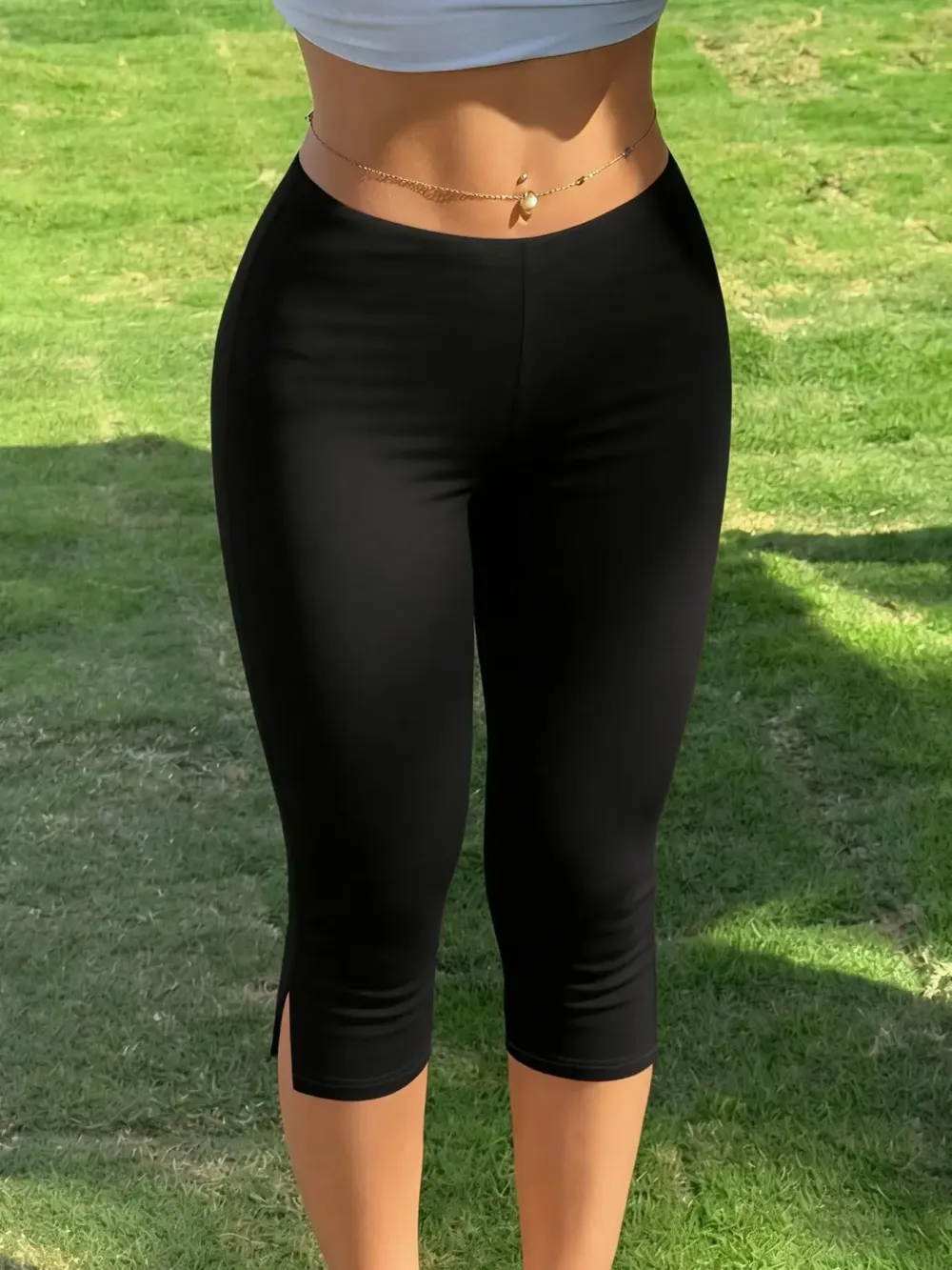 Women's Y2K Streetwear Black Capri Slim-Fit Pants, Active Pants With Side Slit Detail