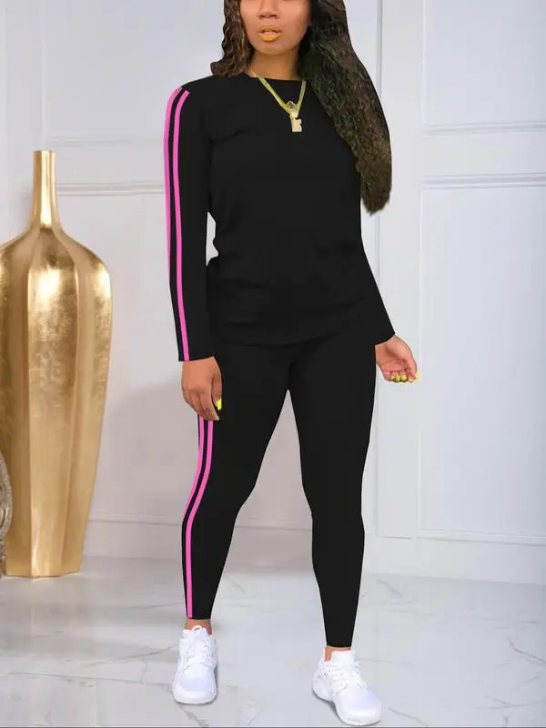 Women's Striped Print Long Sleeve Top & Pants Two-piece Set