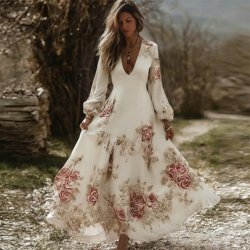Vintage Cottagecore Roses Print V Neck Flowy Maxi Dress