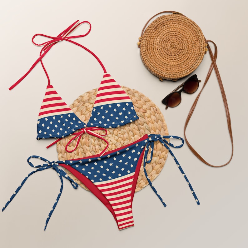 Retro American Flag Recycled String Bikini / Festival Wear / Fourth of July Wear