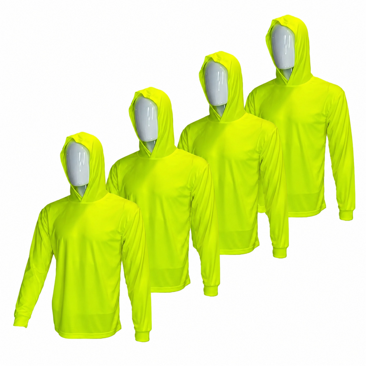 4 SHIRT PACK Hi Visibility ultra light weigh Long sleeve hoodie shirt / 100 % polyester birdeye Fabric for quick dry AVAIALBE IN VARIOUS COLORS