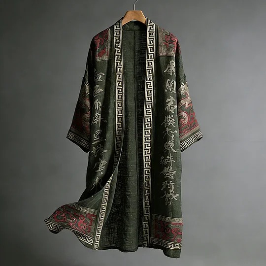Men's Casual Dragon Pattern Calligraphy And Painting Art Linen Long Kimono