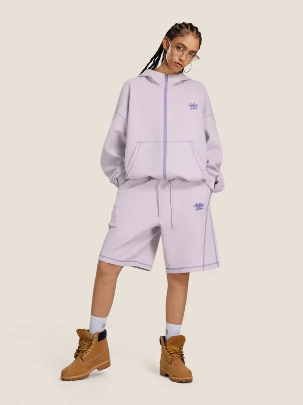 Cloud Boxy Sweat Set Contrast Stitch Zip-Up Jacket & Shorts Oversized Unisex