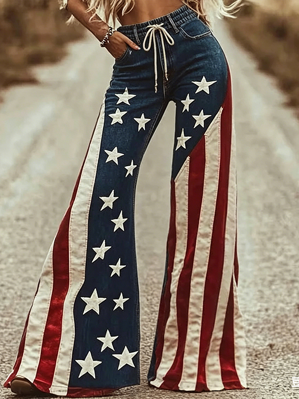 Women's Retro American Flag With Star Stripes Print Casual Wide Leg Pants