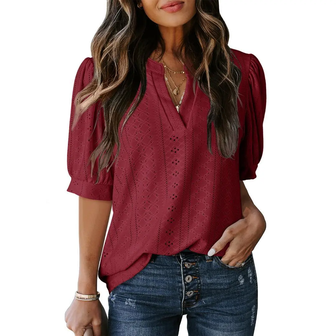 Women's Summer Business Casual Blouses V Neck Short Sleeve Shirts Hollow Out Cute Lace Tops Loose Fit Breathable Fabric